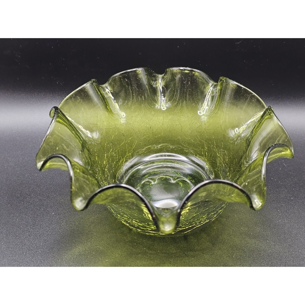 Blenko Olive Green Ruffle Crackle Glass Bowl‎ Hand Blown 10.5" 7137 Vintage 1975